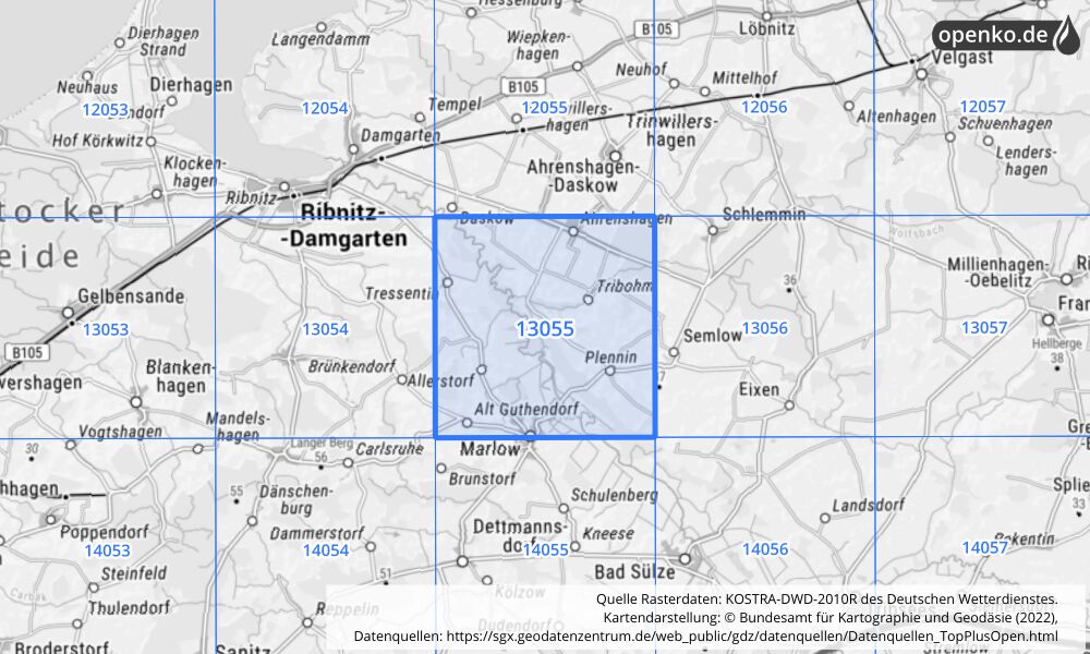 Übersichtskarte KOSTRA-DWD-2010R Rasterfeld Nr. 13055 mit angrenzenden Feldern