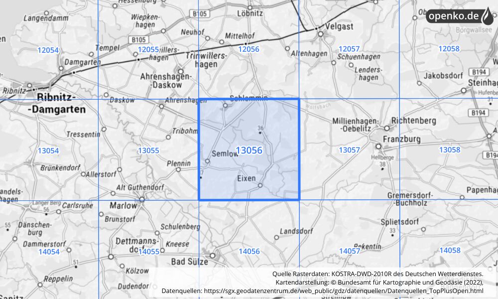 Übersichtskarte KOSTRA-DWD-2010R Rasterfeld Nr. 13056 mit angrenzenden Feldern