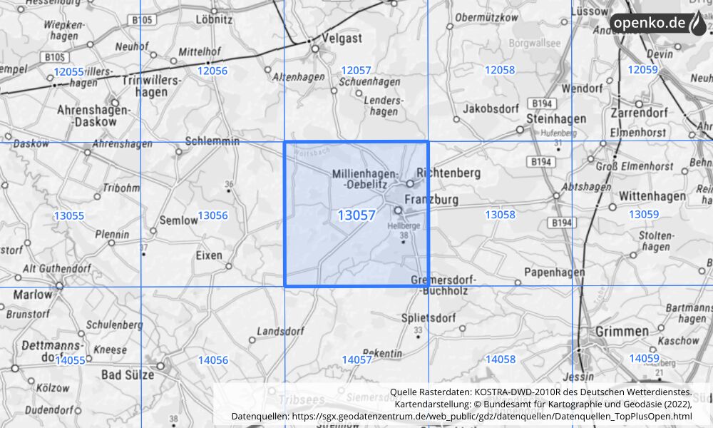 Übersichtskarte KOSTRA-DWD-2010R Rasterfeld Nr. 13057 mit angrenzenden Feldern