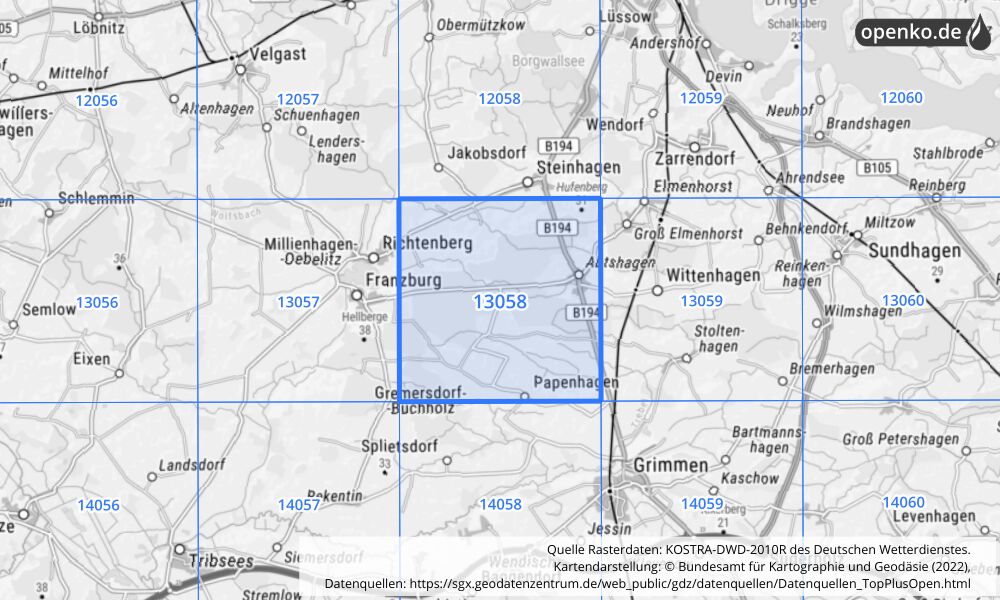 Übersichtskarte KOSTRA-DWD-2010R Rasterfeld Nr. 13058 mit angrenzenden Feldern