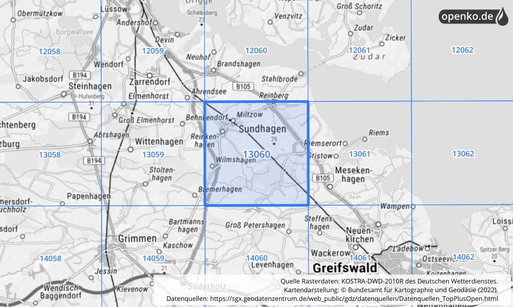 Übersichtskarte KOSTRA-DWD-2010R Rasterfeld Nr. 13060 mit angrenzenden Feldern