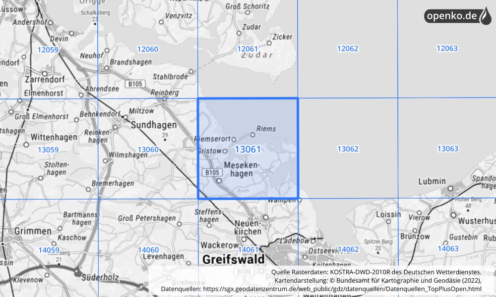 Übersichtskarte KOSTRA-DWD-2010R Rasterfeld Nr. 13061 mit angrenzenden Feldern