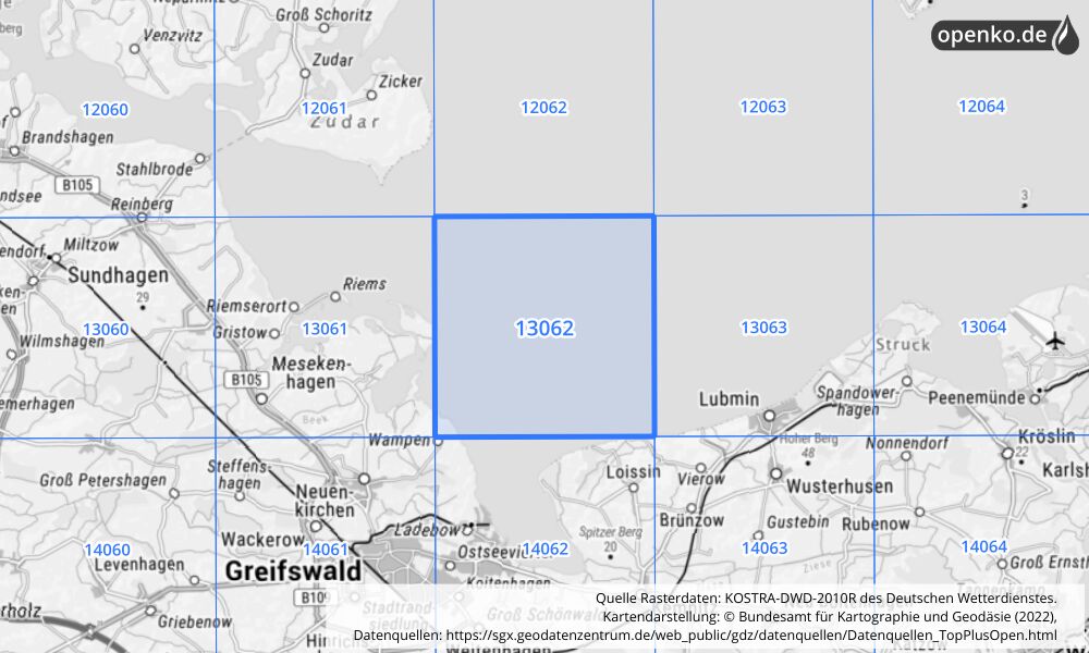 Übersichtskarte KOSTRA-DWD-2010R Rasterfeld Nr. 13062 mit angrenzenden Feldern