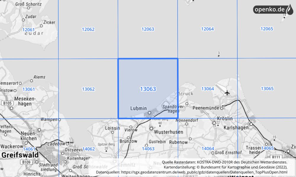 Übersichtskarte KOSTRA-DWD-2010R Rasterfeld Nr. 13063 mit angrenzenden Feldern