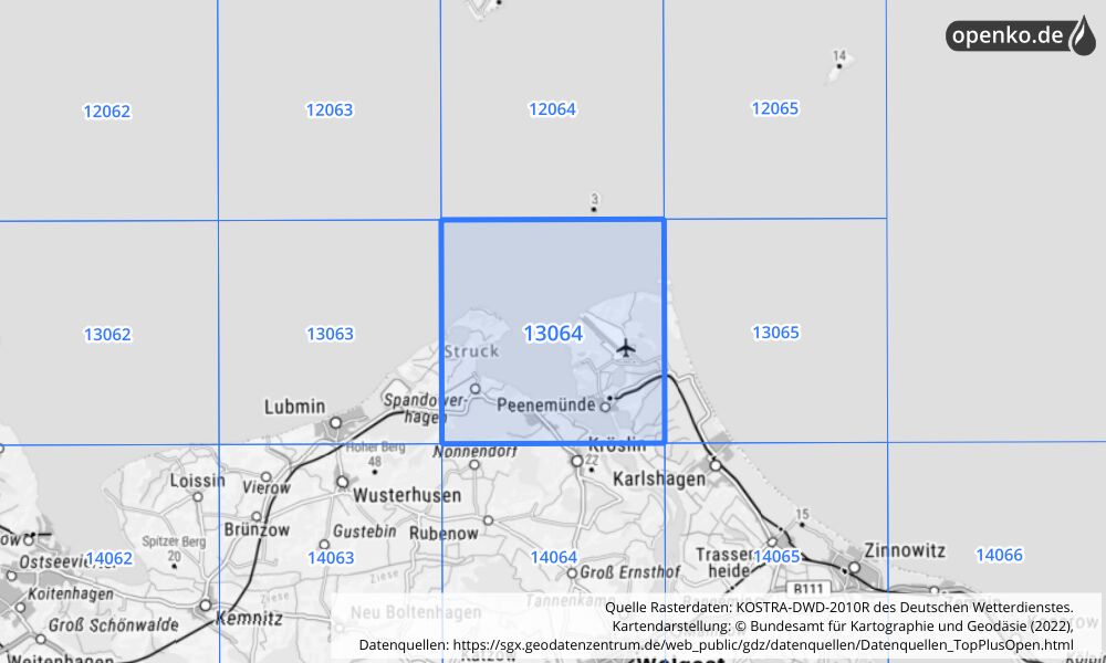 Übersichtskarte KOSTRA-DWD-2010R Rasterfeld Nr. 13064 mit angrenzenden Feldern