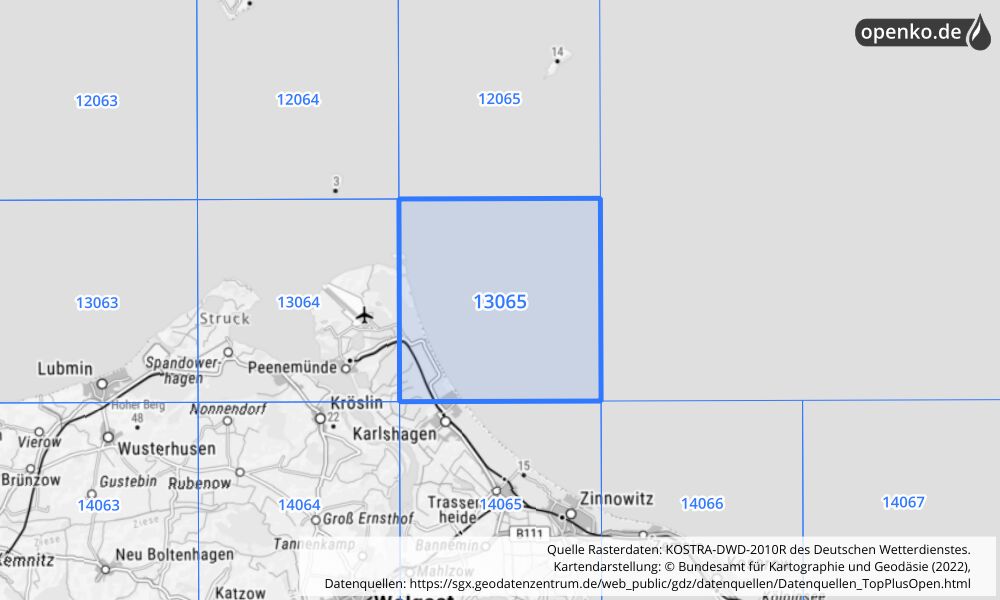 Übersichtskarte KOSTRA-DWD-2010R Rasterfeld Nr. 13065 mit angrenzenden Feldern
