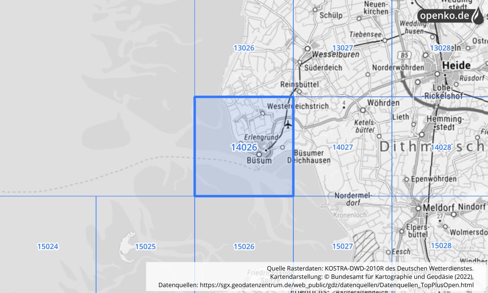 Übersichtskarte KOSTRA-DWD-2010R Rasterfeld Nr. 14026 mit angrenzenden Feldern