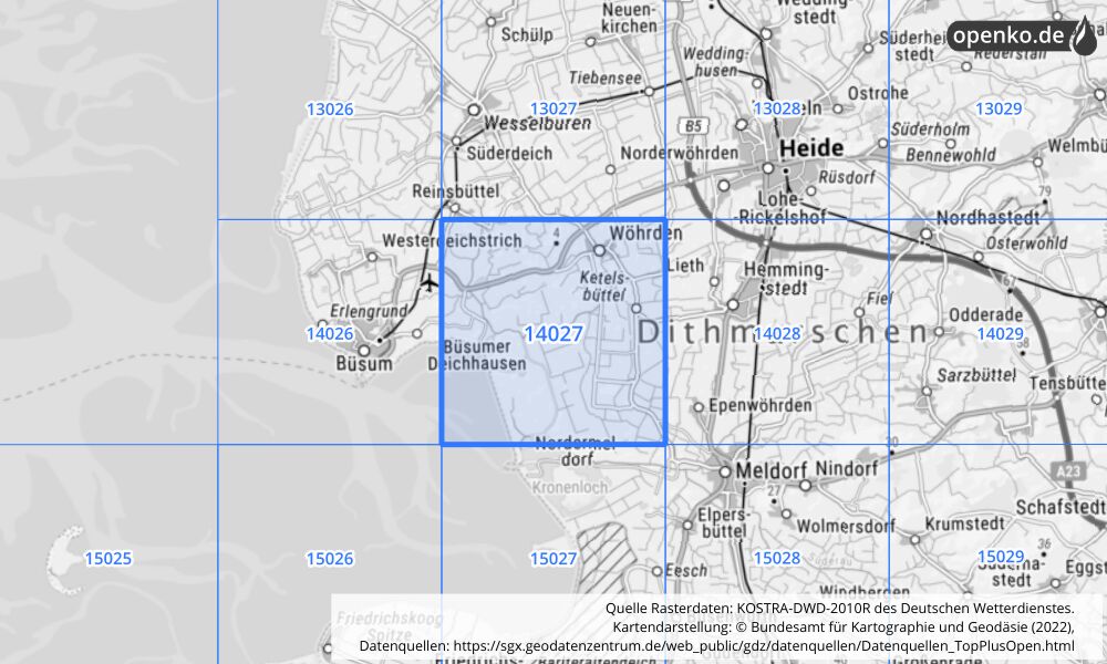 Übersichtskarte KOSTRA-DWD-2010R Rasterfeld Nr. 14027 mit angrenzenden Feldern