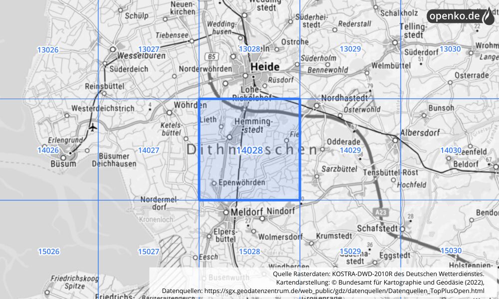 Übersichtskarte KOSTRA-DWD-2010R Rasterfeld Nr. 14028 mit angrenzenden Feldern