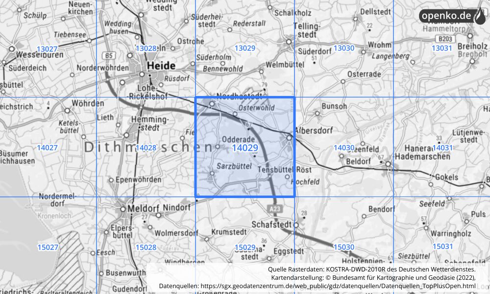 Übersichtskarte KOSTRA-DWD-2010R Rasterfeld Nr. 14029 mit angrenzenden Feldern