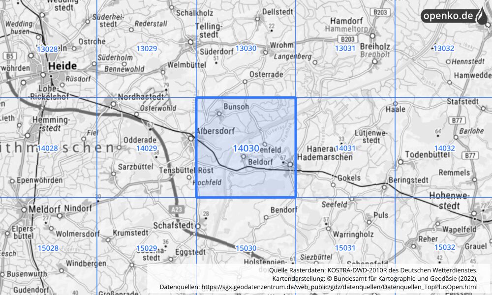 Übersichtskarte KOSTRA-DWD-2010R Rasterfeld Nr. 14030 mit angrenzenden Feldern