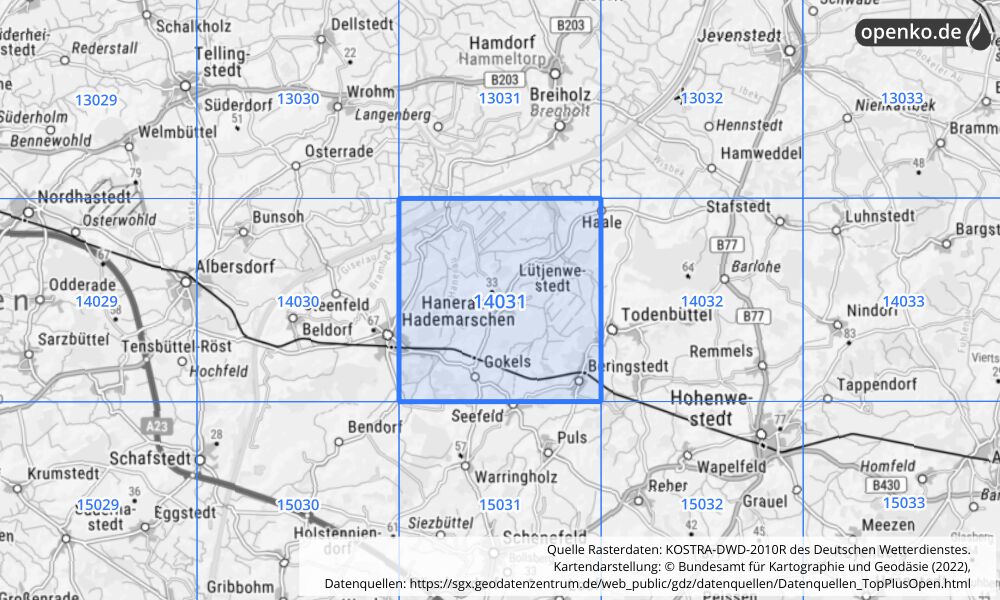 Übersichtskarte KOSTRA-DWD-2010R Rasterfeld Nr. 14031 mit angrenzenden Feldern