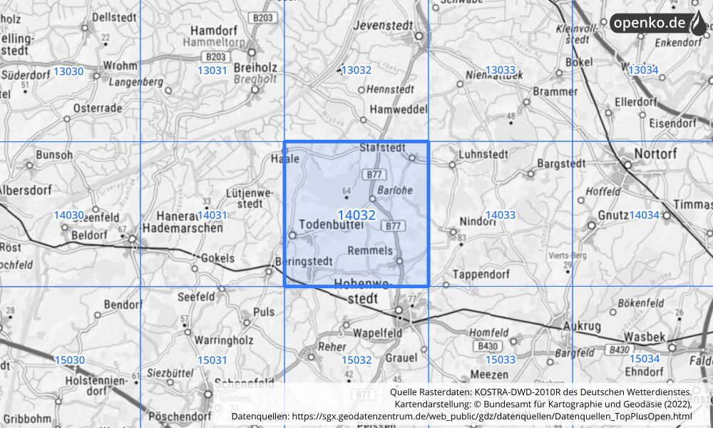 Übersichtskarte KOSTRA-DWD-2010R Rasterfeld Nr. 14032 mit angrenzenden Feldern