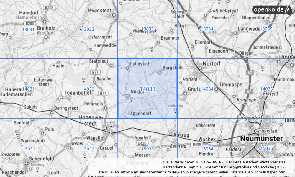 Übersichtskarte KOSTRA-DWD-2010R Rasterfeld Nr. 14033 mit angrenzenden Feldern