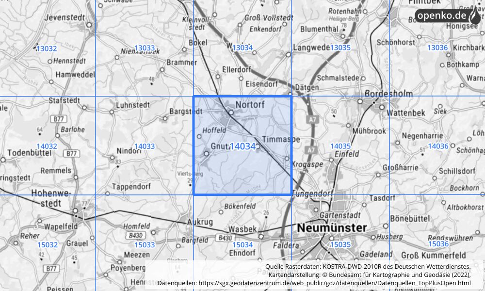 Übersichtskarte KOSTRA-DWD-2010R Rasterfeld Nr. 14034 mit angrenzenden Feldern