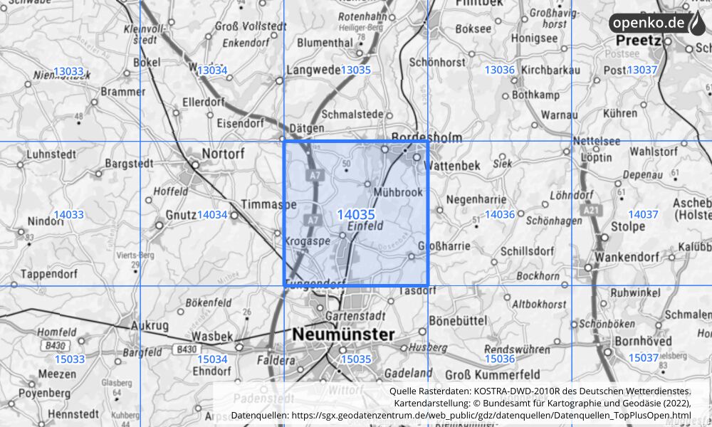 Übersichtskarte KOSTRA-DWD-2010R Rasterfeld Nr. 14035 mit angrenzenden Feldern