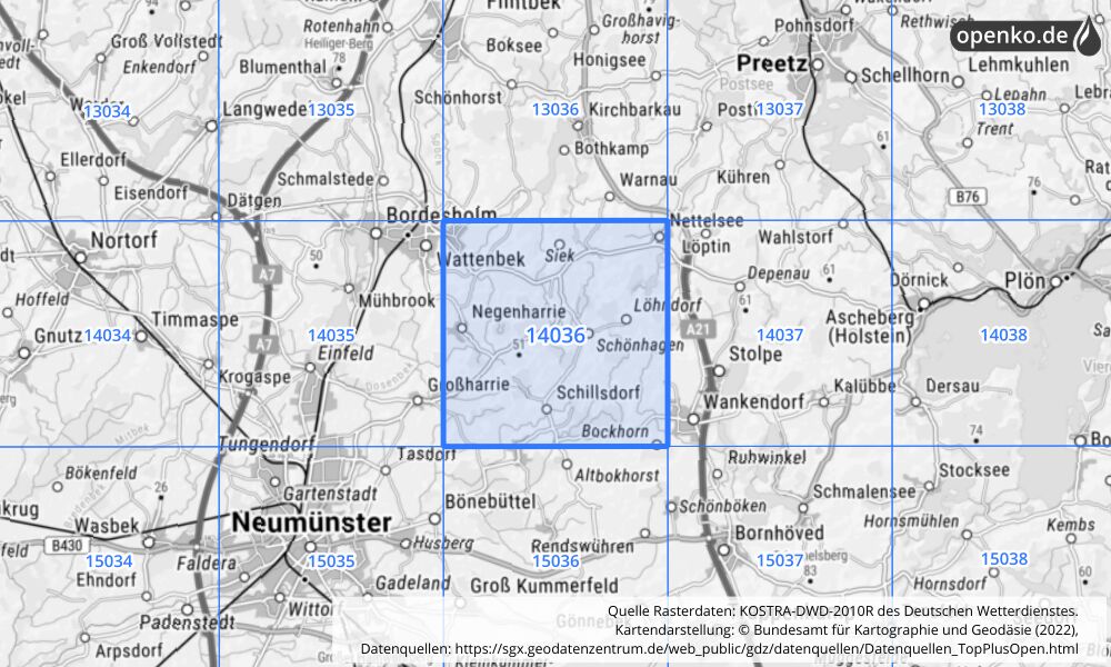 Übersichtskarte KOSTRA-DWD-2010R Rasterfeld Nr. 14036 mit angrenzenden Feldern