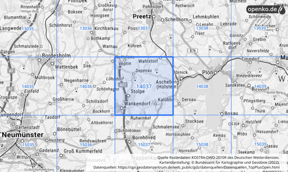 Übersichtskarte KOSTRA-DWD-2010R Rasterfeld Nr. 14037 mit angrenzenden Feldern