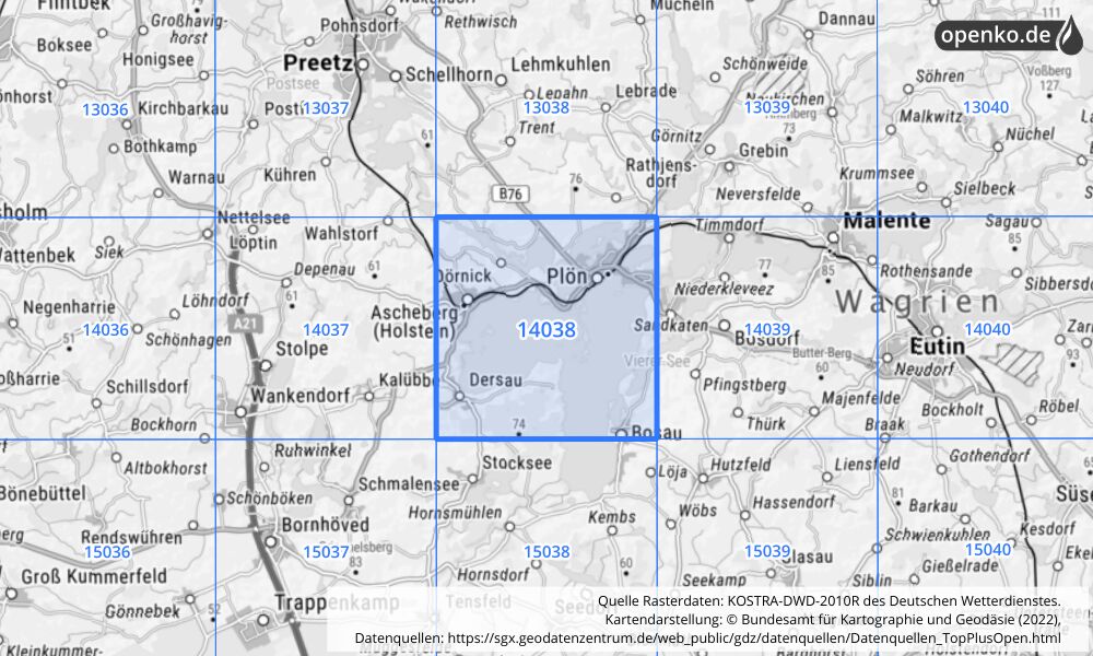 Übersichtskarte KOSTRA-DWD-2010R Rasterfeld Nr. 14038 mit angrenzenden Feldern
