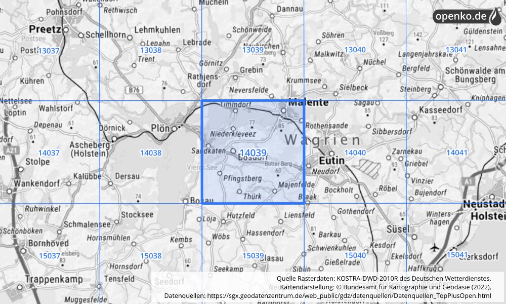 Übersichtskarte KOSTRA-DWD-2010R Rasterfeld Nr. 14039 mit angrenzenden Feldern