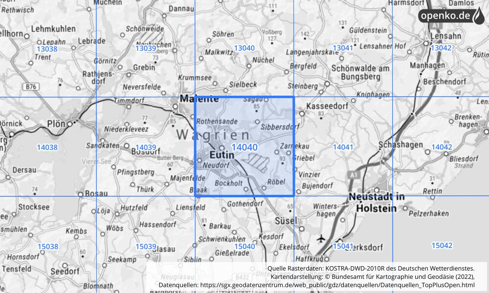 Übersichtskarte KOSTRA-DWD-2010R Rasterfeld Nr. 14040 mit angrenzenden Feldern