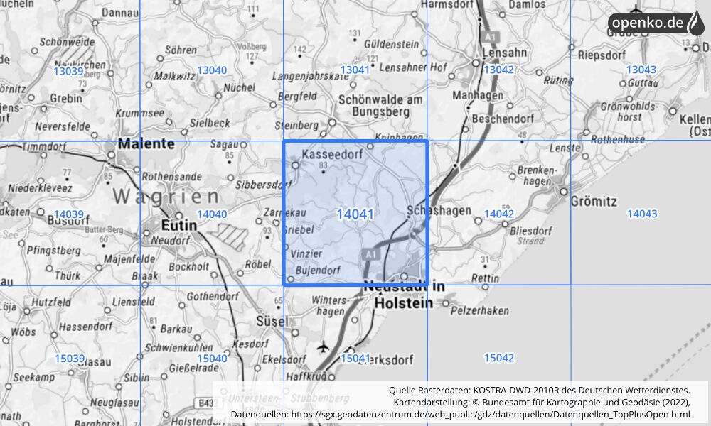 Übersichtskarte KOSTRA-DWD-2010R Rasterfeld Nr. 14041 mit angrenzenden Feldern