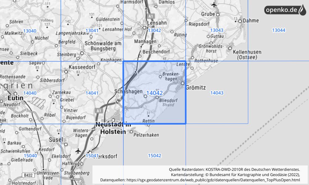 Übersichtskarte KOSTRA-DWD-2010R Rasterfeld Nr. 14042 mit angrenzenden Feldern