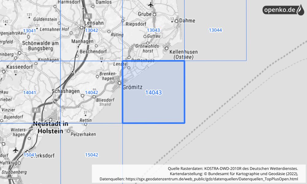 Übersichtskarte KOSTRA-DWD-2010R Rasterfeld Nr. 14043 mit angrenzenden Feldern