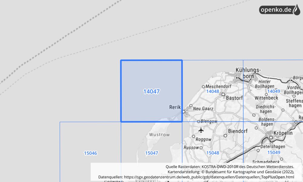 Übersichtskarte KOSTRA-DWD-2010R Rasterfeld Nr. 14047 mit angrenzenden Feldern