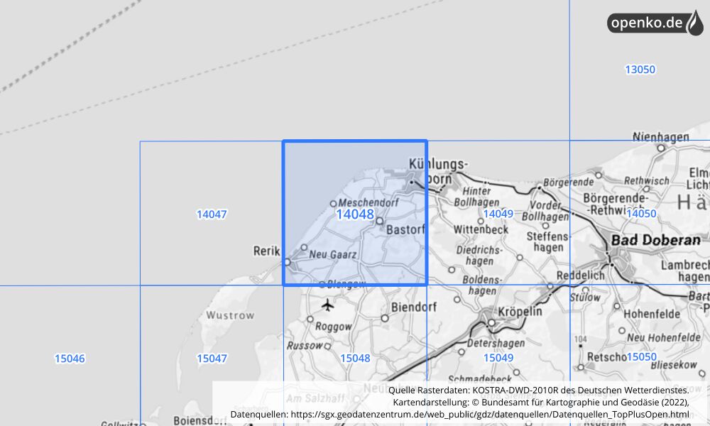 Übersichtskarte KOSTRA-DWD-2010R Rasterfeld Nr. 14048 mit angrenzenden Feldern