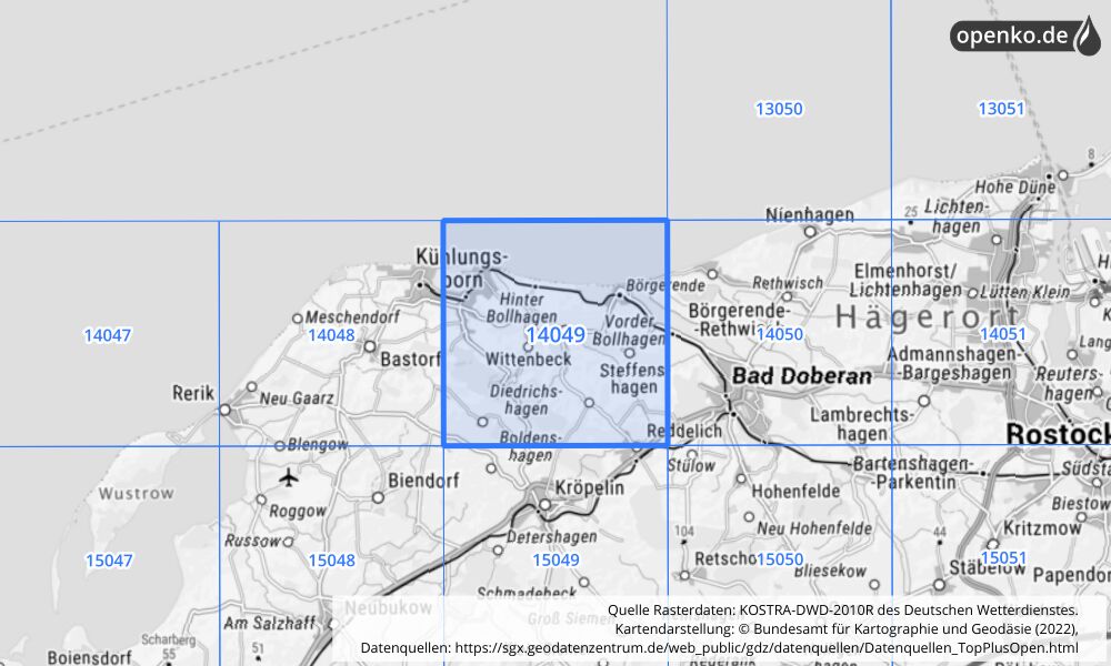 Übersichtskarte KOSTRA-DWD-2010R Rasterfeld Nr. 14049 mit angrenzenden Feldern