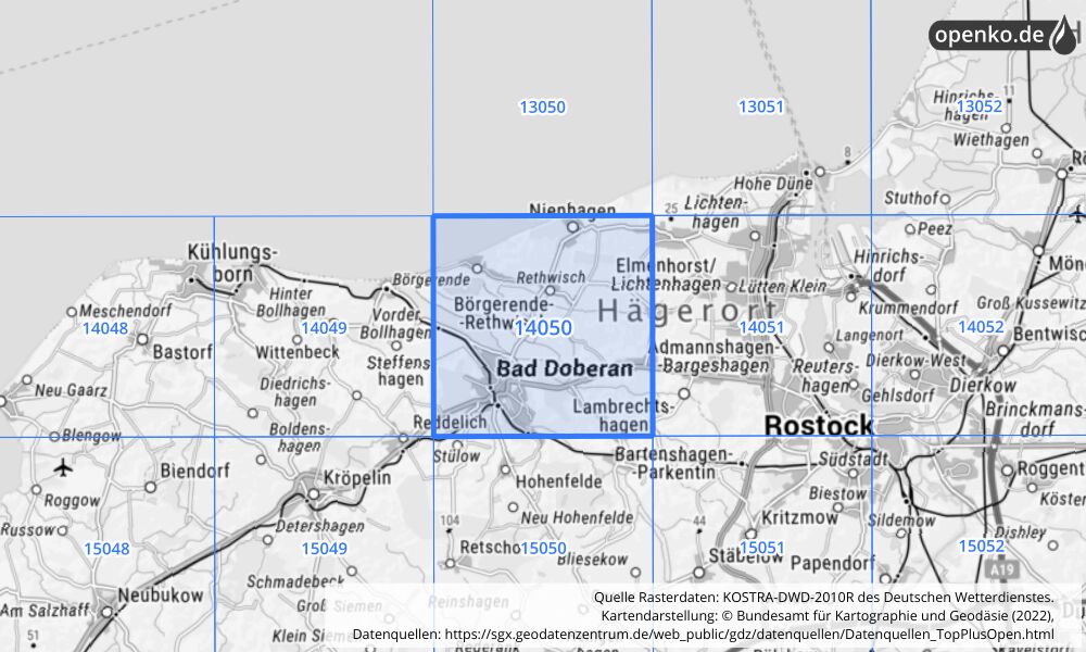Übersichtskarte KOSTRA-DWD-2010R Rasterfeld Nr. 14050 mit angrenzenden Feldern