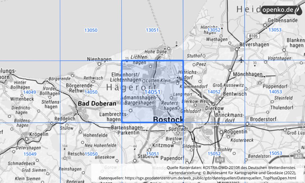 Übersichtskarte KOSTRA-DWD-2010R Rasterfeld Nr. 14051 mit angrenzenden Feldern