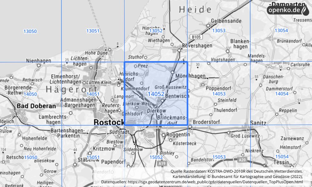 Übersichtskarte KOSTRA-DWD-2010R Rasterfeld Nr. 14052 mit angrenzenden Feldern