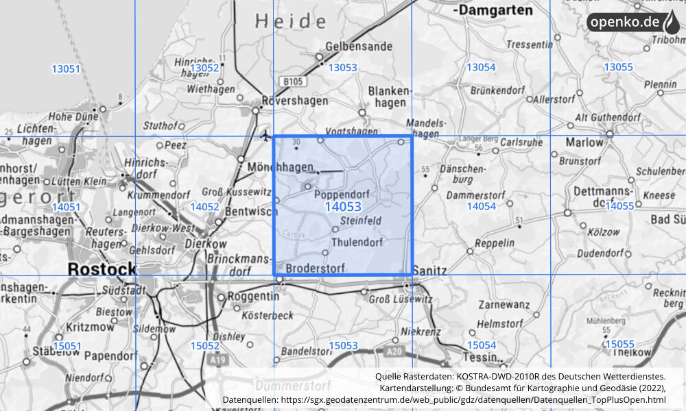 Übersichtskarte KOSTRA-DWD-2010R Rasterfeld Nr. 14053 mit angrenzenden Feldern