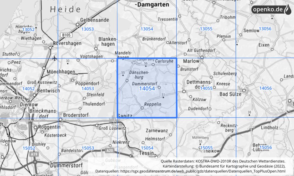 Übersichtskarte KOSTRA-DWD-2010R Rasterfeld Nr. 14054 mit angrenzenden Feldern