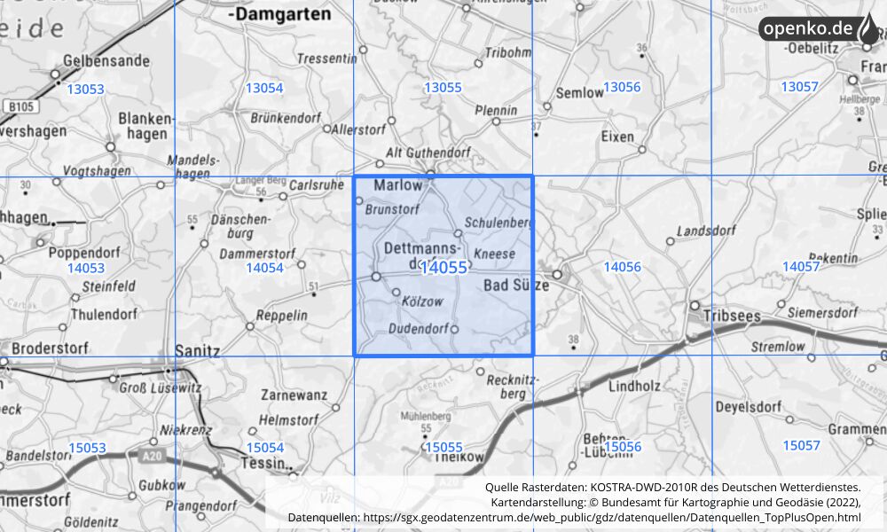 Übersichtskarte KOSTRA-DWD-2010R Rasterfeld Nr. 14055 mit angrenzenden Feldern