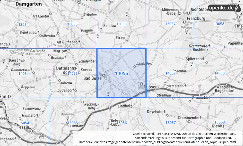 Übersichtskarte KOSTRA-DWD-2010R Rasterfeld Nr. 14056 mit angrenzenden Feldern