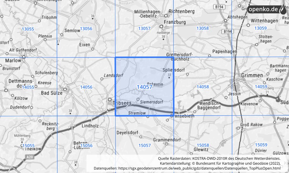 Übersichtskarte KOSTRA-DWD-2010R Rasterfeld Nr. 14057 mit angrenzenden Feldern