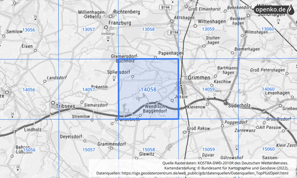 Übersichtskarte KOSTRA-DWD-2010R Rasterfeld Nr. 14058 mit angrenzenden Feldern