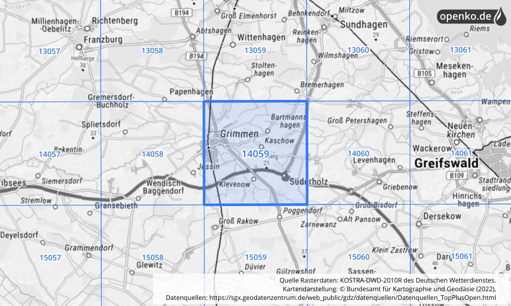 Übersichtskarte KOSTRA-DWD-2010R Rasterfeld Nr. 14059 mit angrenzenden Feldern