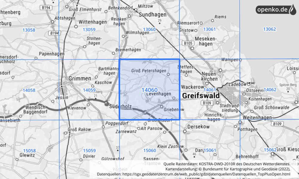 Übersichtskarte KOSTRA-DWD-2010R Rasterfeld Nr. 14060 mit angrenzenden Feldern