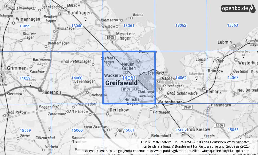Übersichtskarte KOSTRA-DWD-2010R Rasterfeld Nr. 14061 mit angrenzenden Feldern