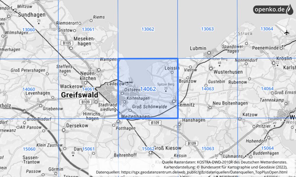 Übersichtskarte KOSTRA-DWD-2010R Rasterfeld Nr. 14062 mit angrenzenden Feldern