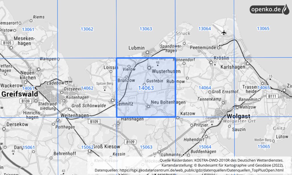 Übersichtskarte KOSTRA-DWD-2010R Rasterfeld Nr. 14063 mit angrenzenden Feldern