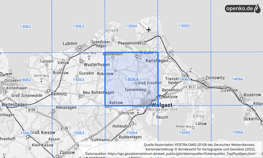 Übersichtskarte KOSTRA-DWD-2010R Rasterfeld Nr. 14064 mit angrenzenden Feldern