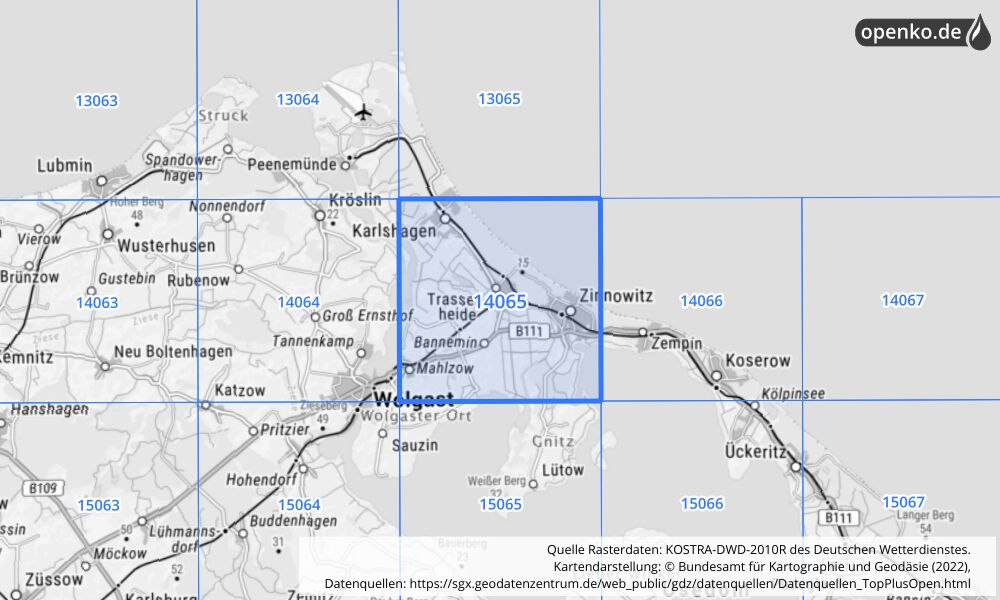 Übersichtskarte KOSTRA-DWD-2010R Rasterfeld Nr. 14065 mit angrenzenden Feldern