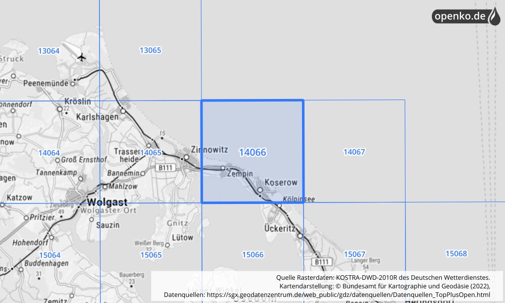Übersichtskarte KOSTRA-DWD-2010R Rasterfeld Nr. 14066 mit angrenzenden Feldern