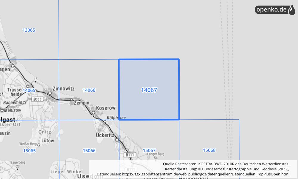 Übersichtskarte KOSTRA-DWD-2010R Rasterfeld Nr. 14067 mit angrenzenden Feldern