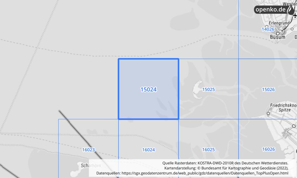 Übersichtskarte KOSTRA-DWD-2010R Rasterfeld Nr. 15024 mit angrenzenden Feldern